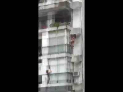 Naked Man Watches his Naked Girl Escape and Climb Down Off Balcony