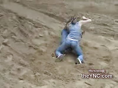 Excellent and Barbaric Fight between Two Tight Girls on a Sandpile