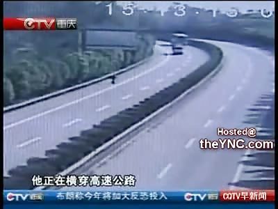 Chinese Peddler Run Over by Bus Crossing the Highway