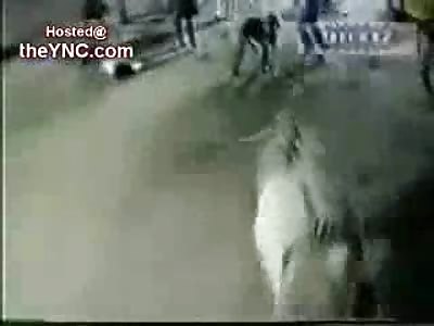Man Pounded to the Ground is Killed instantly by Bull....Announcer tells the Crowd of his Death at End of Event