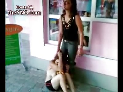 Battered Woman holds Down Shirtless Crying Woman outside Public Restaurant