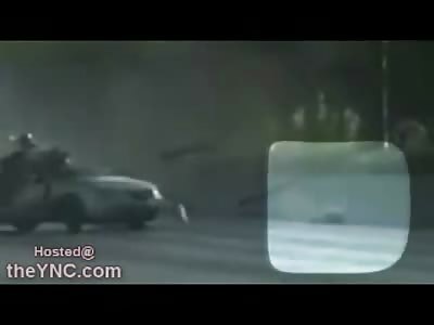 Drifting Moron Ejected and killed by his Own Flying Bumper after Hitting Concrete Wall