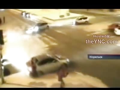 Skidding Car  in Russia Destroys Boy and Girl Crossing the Street