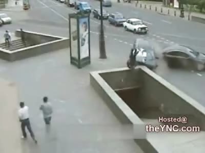 Amazing Video of Pedestrian Hit by Car and thrown doen into Subway Stairwell