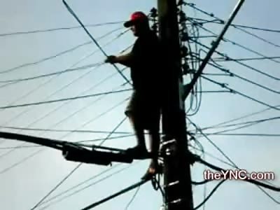 Crazy and Stupid Man bites Eletric Wires, Tries to Hang Himself then Belly Flops from Telephone Pole