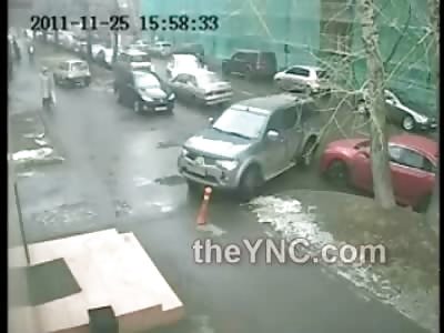 Drunk Lady in Russia Hits Three Cars Nearly Killing People and Crash Through to Escape the People She Hit