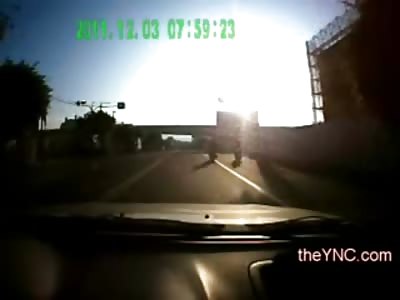 Bad Intersection claims a Biker as he takes on a Truck, Dashcam View
