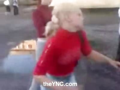 Tough Guy Fights Pretty Blonde like she's a Real Opponent, Camera likes her Ass