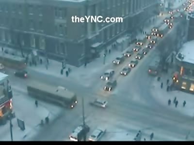 City Bus Crushes Female Pedestrian Crossing the Snowy Street