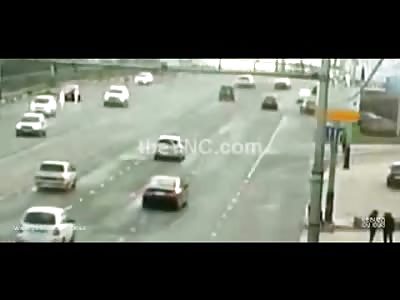 Absolutely Horrible Highway Crash Ejects Everything inside the Car Including the Driver