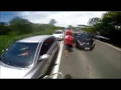 Unbelievably Lucky Biker Films the moment a Car Nearly Killed Him...the People Behind Him were Not so Lucky..3  of Them were Killed
