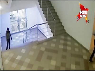 Drunk 24 Year Old Girl Launches Herself off a Stairwell Resulting Brutal Impact (2 Cameras One Shows Impact)