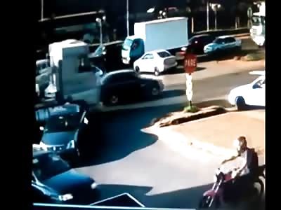Brutal Death: Motorcyclist is Twisted and Run Over Caught Between Truck and Car (Slow Motion)