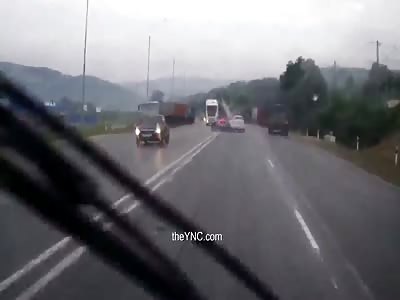 Moronic Driver Forces Another Car into Oncoming Causing A Nasty Head On Collision Zoom and Slo-mo Added (corn edit)