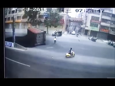 Brutal Crazy Death: Scooter Rider Crushed by Coal Truck and His Girl Survived by Inches (cctv+aftermath)