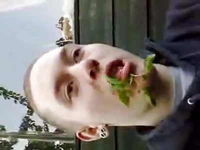 Guy eating salad with his second mouth