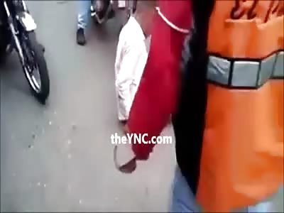 THIEF IS SEVERELY BEATEN AND RUN OVER BY MOTORCYCLES