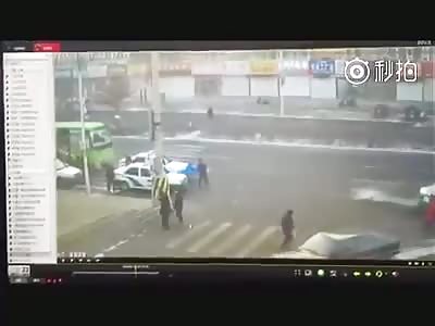 WOMAN IS RUN OVER BY BUS AND DIES
