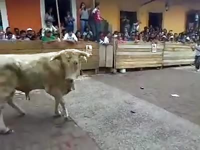 Bull charges again a young boy.